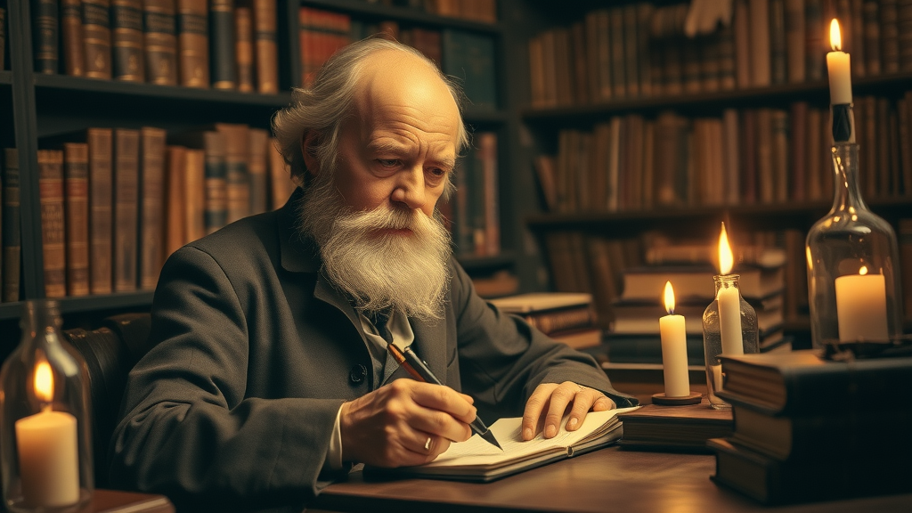 Samuel Hahnemann inventing homeopathic principles in a candle-lit study