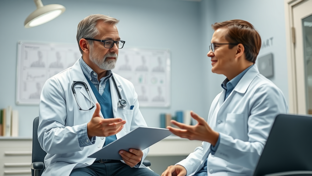 confident physician explaining mind-body therapy and clinical research, trustworthy setting with medical journals