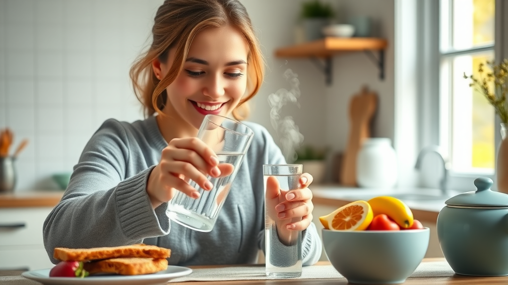 cheerful woman pours water for hydration, healthy breakfast, starting wellness activities