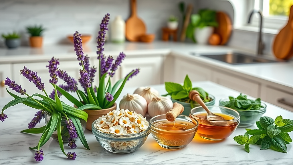 vibrant arrangement of top 8 natural remedy ingredients: lavender, garlic, aloe vera, ginger, chamomile, green tea, honey, and peppermint. Main Keyword: natural remedies