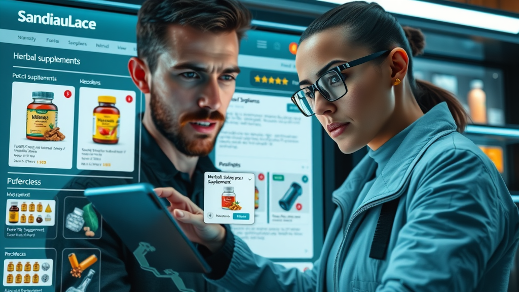 modern online shopping website page showing herbal supplements, skeptical buyer, analyzing product reviews, digital interface with pop-up warning icons and supplement photos