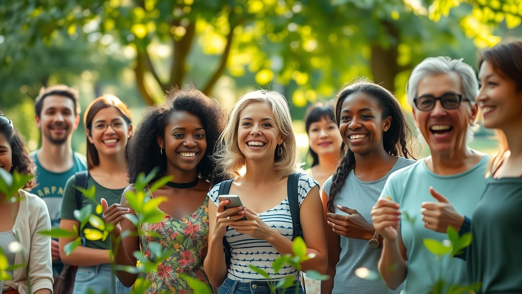 Diverse community engaging in naturopathy and wellness activities in a lush park with sunlight filtering through trees