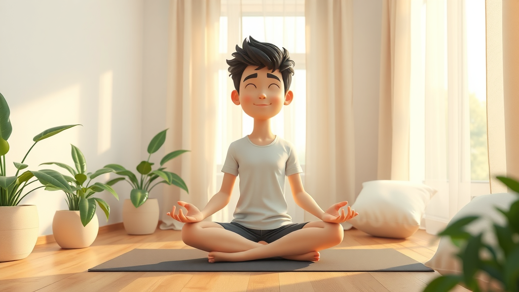 young adult meditating indoors, peaceful setting for mental health, mindful wellness practices