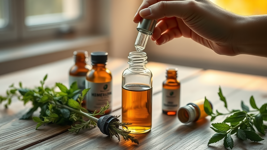 Homeopathic remedy bottles and herbs in warm sunlight on a wooden table