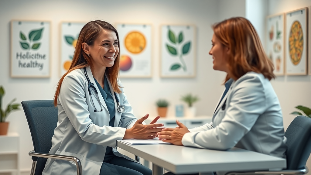 integrative medicine doctor consulting patient in warm holistic environment