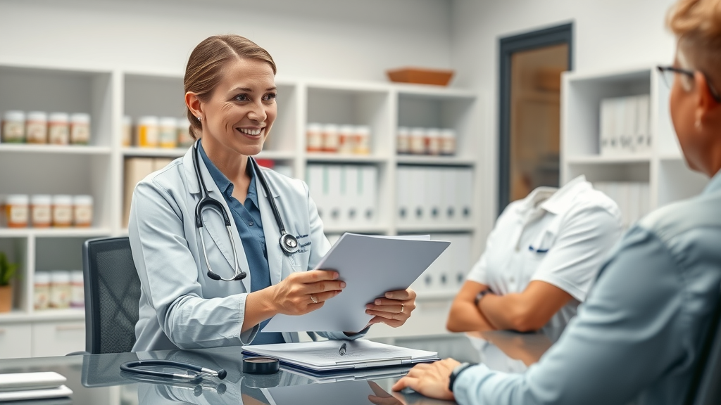 healthcare professional hand holding clipboard, calm and advising, consulting with patient across desk, modern clinic setting with herbal supplement jars and medical files