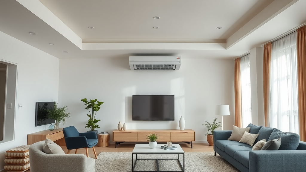 modern residential living room with HVAC unit, efficient, comfortable atmosphere, clean vents, hvac system