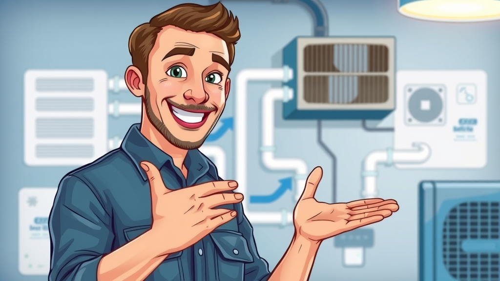 HVAC technician explaining system components, airflow direction, system diagram, hvac system components