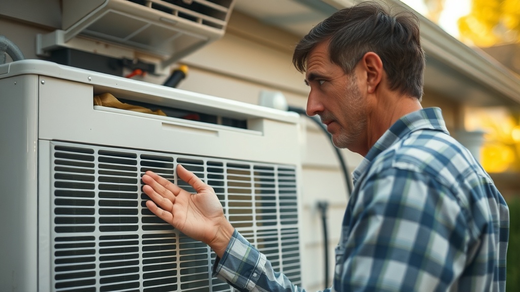 homeowner checking silent air conditioning unit for malfunction, anxious, hvac ac unit repair