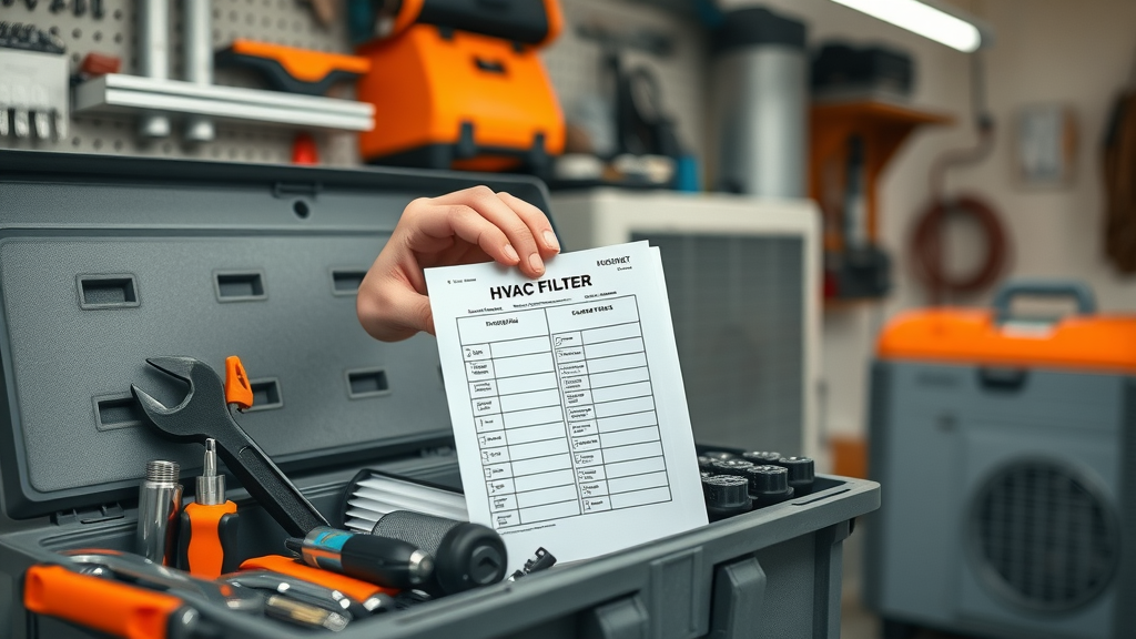 toolbox with hvac maintenance checklist, homeowner reaching for air filter, troubleshooting hvac system