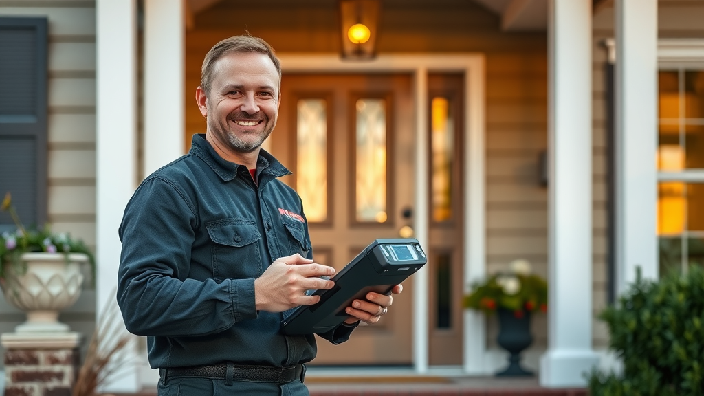 welcoming hvac technician greeting at doorstep, expert hvac services, hvac repair visit