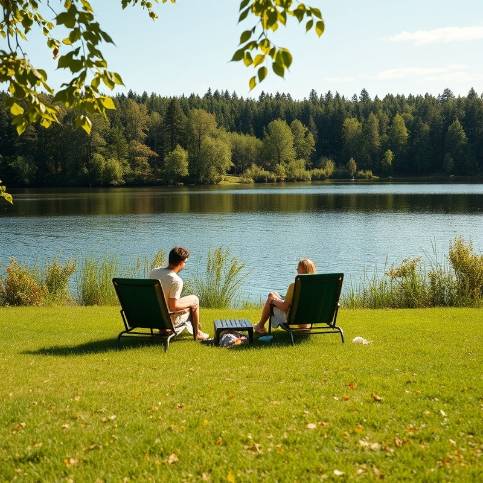 Couple enjoying a beautiful lake with green grass and trees.